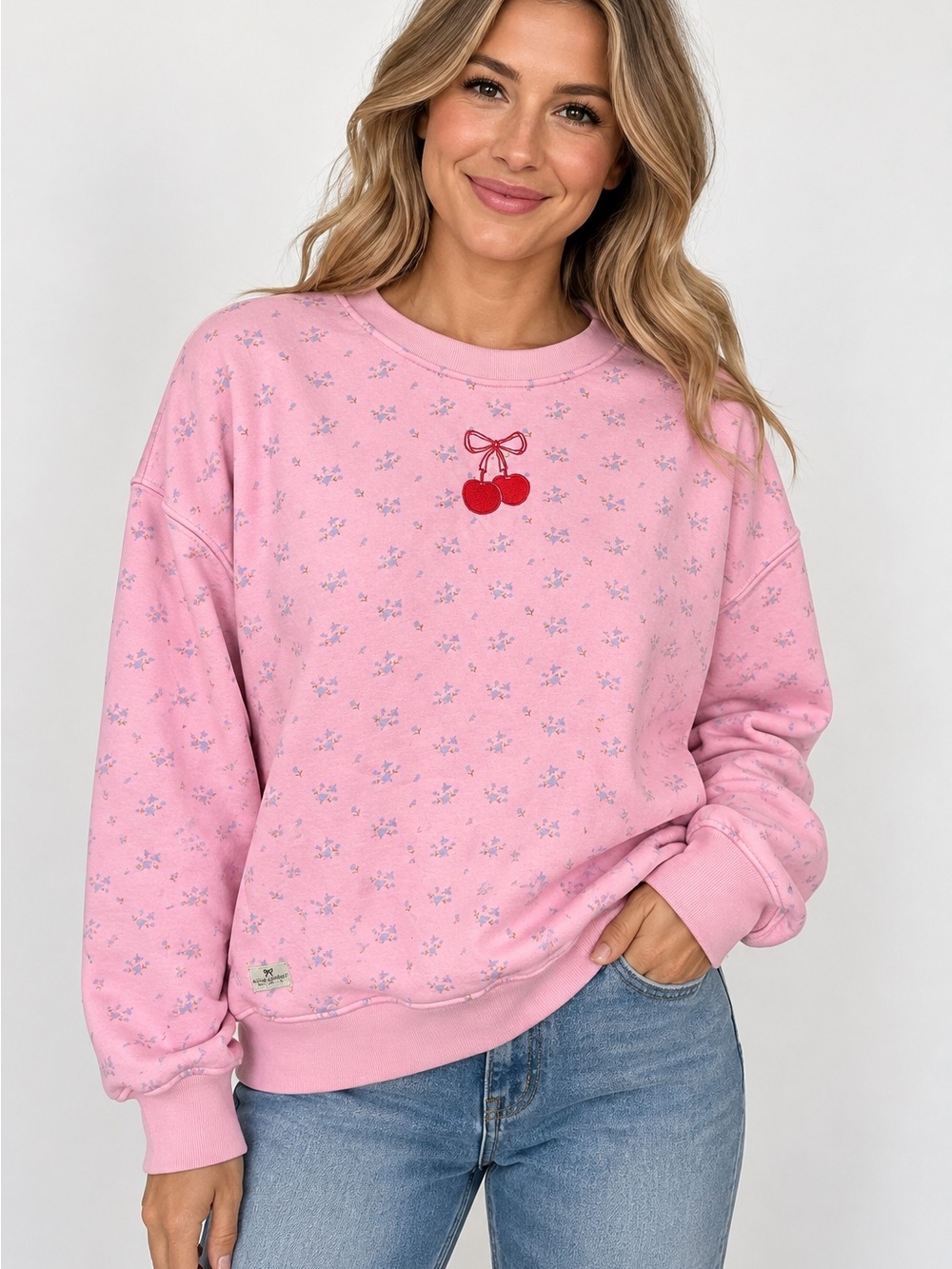 Simply Southern Pink Floral Cherry Nice Day Crew Sweatshirt, Size Medium